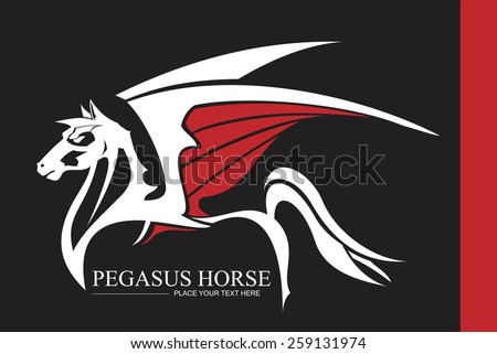 white pegasus.white winged horse on black background.side view winged horse combine with text. artistic winged horse.artistic pegasus. elegant pegasus. Suitable for your mascot, corporate identity,etc
