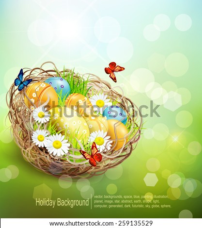 vector background with Easter nest and eggs on spring background with bokeh