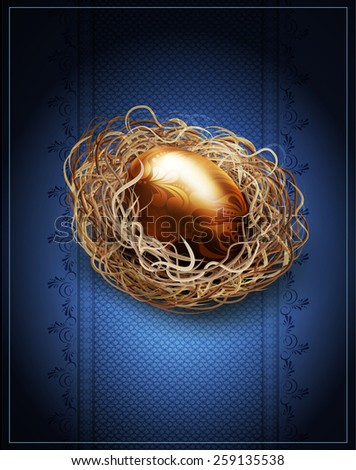 vector Easter, vintage background with a golden egg in the nest