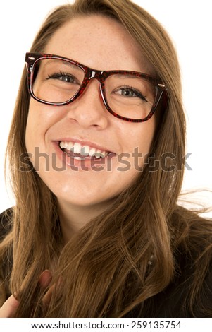 Caucasian female model smiling big wearing glasses