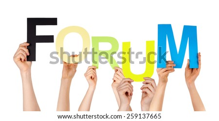 Many Caucasian People And Hands Holding Colorful  Letters Or Characters Building The Isolated English Word Forum On White Background