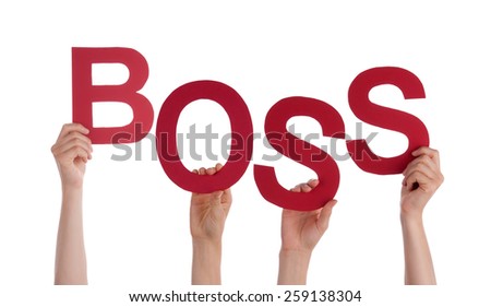 Many Caucasian People And Hands Holding Red Letters Or Characters Building The Isolated English Word Boss On White Background