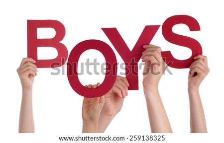 Many Caucasian People And Hands Holding Red Letters Or Characters Building The Isolated English Word Boys On White Background