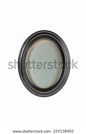 oval black picture frame with gray cardboard background, isolated on white