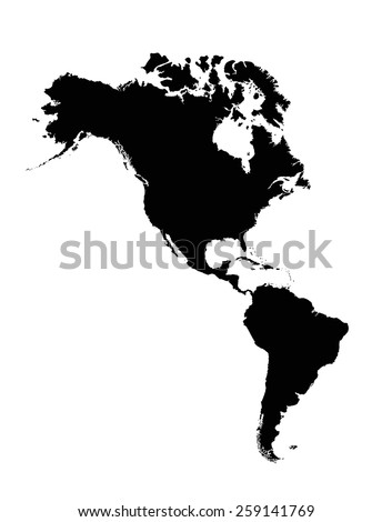 High detailed Americas silhouette map with labeling.