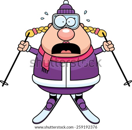 A cartoon illustration of a skiing woman looking scared.