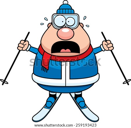 A cartoon illustration of a skiing man looking scared.