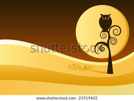 Vector Whimsical Owl against Night Landscape