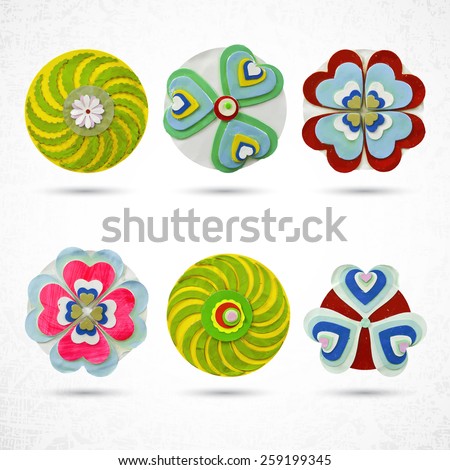 Flower set for design, set of 6 items, made of paper, plasticine, dough, clay or cardboard and glue, cut out with scissors. Grunge, highly textured. Design elements, craft and hobby activity.