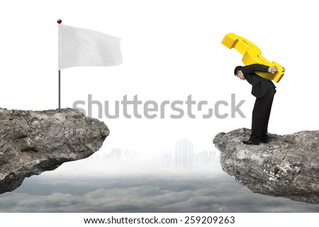 Businessman carrying 3D gold dollar sign on the cliff with cityscape cloudscape background