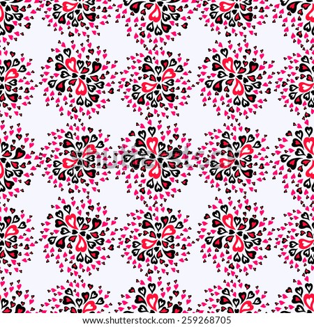 Seamless pattern with a cloud of colorful hearts. 