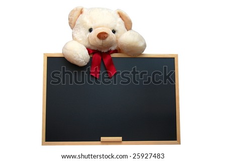 isolated teddy with empty blackboard on white background
