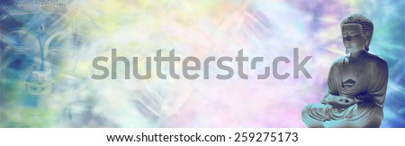 Buddha Meditation Website Banner   Ethereal multicolored background with a seated statue of Buddha on right side and Buddha face on left hand side with plenty of copy space between