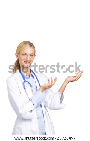 Woman doctor pointing in the studio