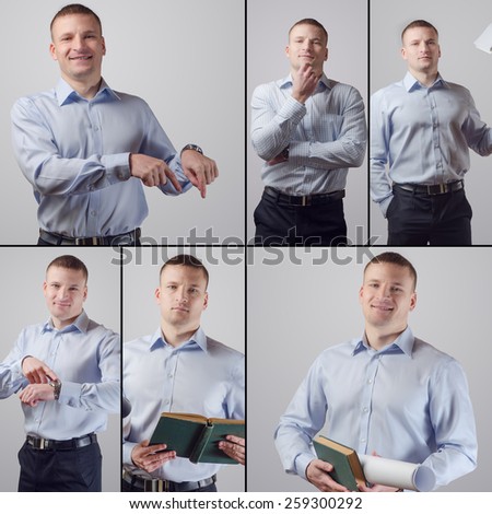 Set portrait of young businessman engaged in  activities and with different emotions.