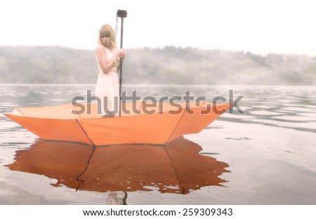 Soft focus dreamy photomanipulation with girl on lake