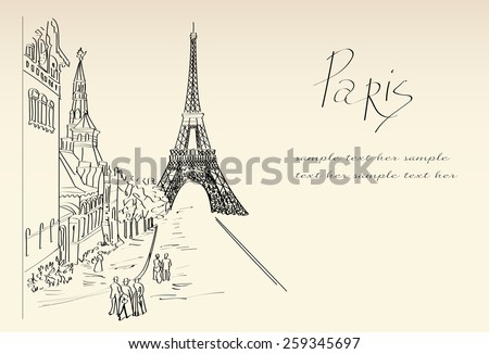 The Eiffel Tower and old city hand drawn illustration