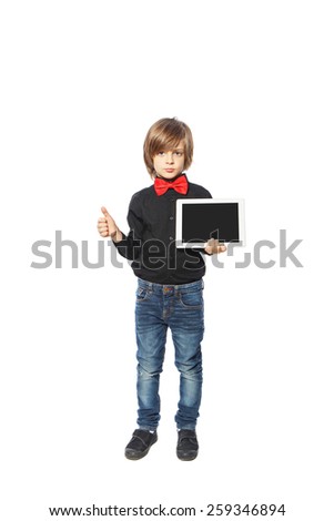 Boy on a white background businessman in shirt holding a tablet