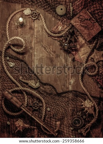 Sea concept on a wooden table background 