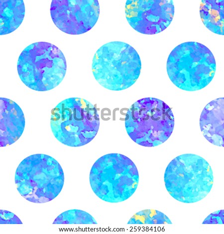 Vector seamless watercolor hand drawn abstract isolated circles pattern on white background. Brush painted artistic illustration. Blue and violet dots wallpaper. Round shape design elements for print