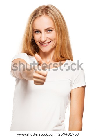 Happy success woman on white. Female showing sign ok