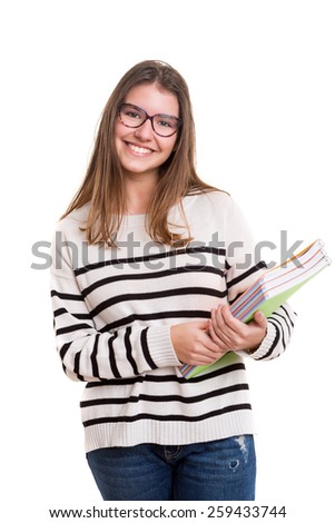 Young student posing over a white background Royalty-Free Stock Photo #259433744