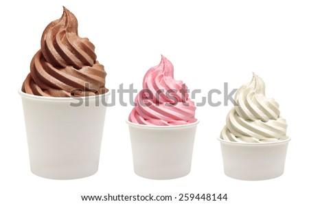 Vanilla, strawberry and chocolate frozen yogurt or ice cream in different size blank takeaway paper cups packaging template mockup collection  isolated on white background