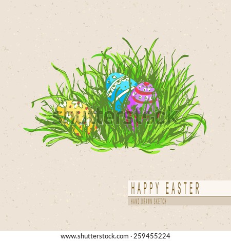 Hand drawn colored sketch of painted easter eggs laying in grass. Vector vintage line art illustration on texture paper.  