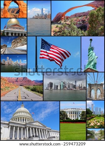 Photo collage from United States. Collage includes major landmarks like New York City, Washington DC, Chicago, Boston, Rocky Mountains and Utah.