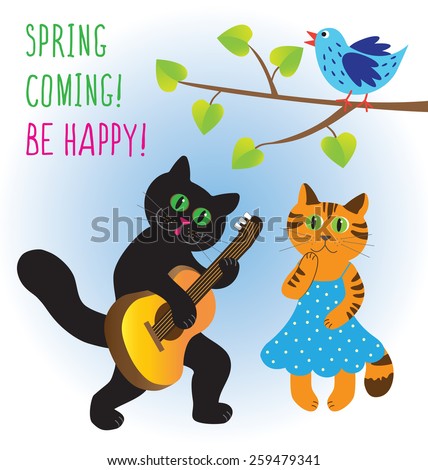 Two cartoon cats, one playing guitar, the other listening and a bird. Vector illustration/
