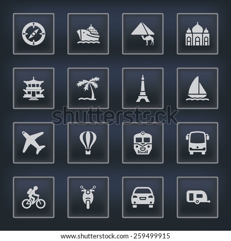 Travel icons with buttons on black background.
