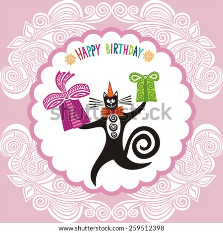 Happy birthday greeting card cat with gifts vector illustration