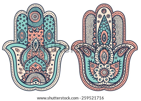 Vector Indian hand drawn hamsa with ethnic ornaments Royalty-Free Stock Photo #259521716