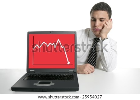 Businessman with laptop computer, bad news, isolated on white [Photo Illustration]
