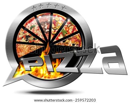 Pizza - Metallic Speech Bubble. Metallic Icon or symbol in the shape of speech bubble with pizza slices, flames and text pizza. Isolated on white background