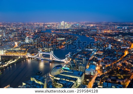 London at night ,aerial view with Tower Bridge, UK