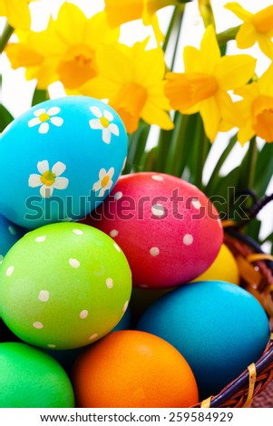 Easter eggs on wooden background. Holiday background.