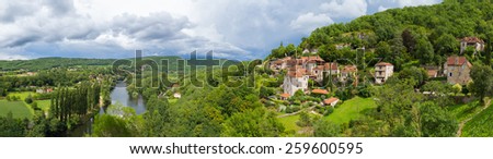 Panorama of Saint Circ Lapopie and Lot River in France Royalty-Free Stock Photo #259600595