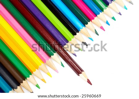 Assortment of colored pencils with shadow on white background