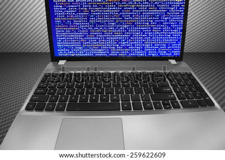 Program script developer source code display on computer laptop monitor screen. Digital technology background. Programming code abstract screen of software developer. Computer script, function.
