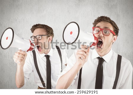 Nerd with megaphone against white and grey background