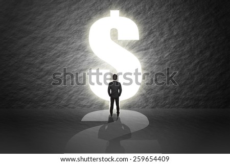 Businessman in suit stand and looking aim the gate(door) dollar sign.