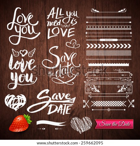 Set of White Love Phrases, Border Patterns and Symbols with Strawberry Fruit and Save the Date Pink Ribbon on a Brown Wooden Background. Vector illustration. Royalty-Free Stock Photo #259662095