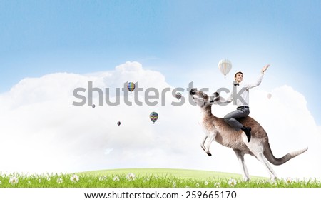 Young fearless businessman with suitcase riding kangaroo