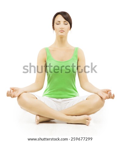 Yoga Woman in Meditation Sitting in Lotus Pose. Female Meditating Exercise Isolated Over White Background