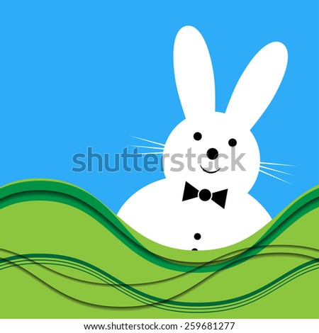 white bunny with bow tie and with blue sky and green field