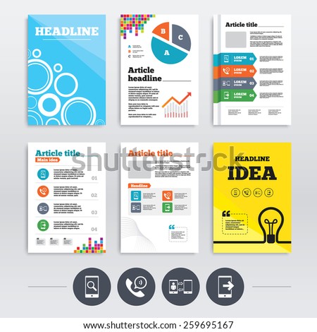 Brochure design and A4 flyers. Phone icons. Smartphone with speech bubble sign. Call center support symbol. Synchronization symbol. Infographics templates set. Vector