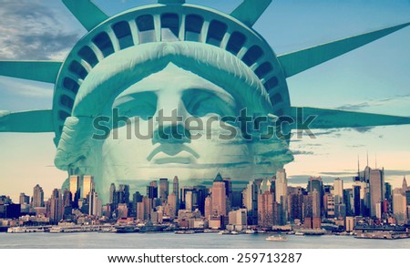 america usa new york skyline over midtown manhattan. instagram effect new york city skyline with statue liberty . epic beautiful scenic sunset evening new york city landscape landmark.