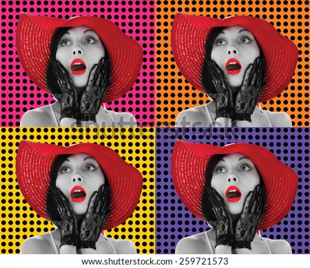 Picture of beautiful retro-styled woman in red hat on different background