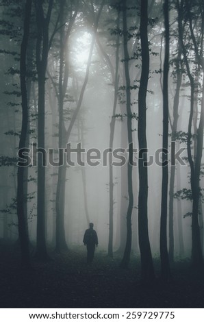 spooky man silhouette in dark forest